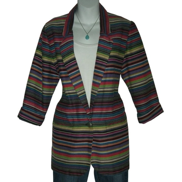 Vintage 80s Rainbow Striped Oversized Blazer Bohemian Southwestern Boho Festival - Picture 1 of 11
